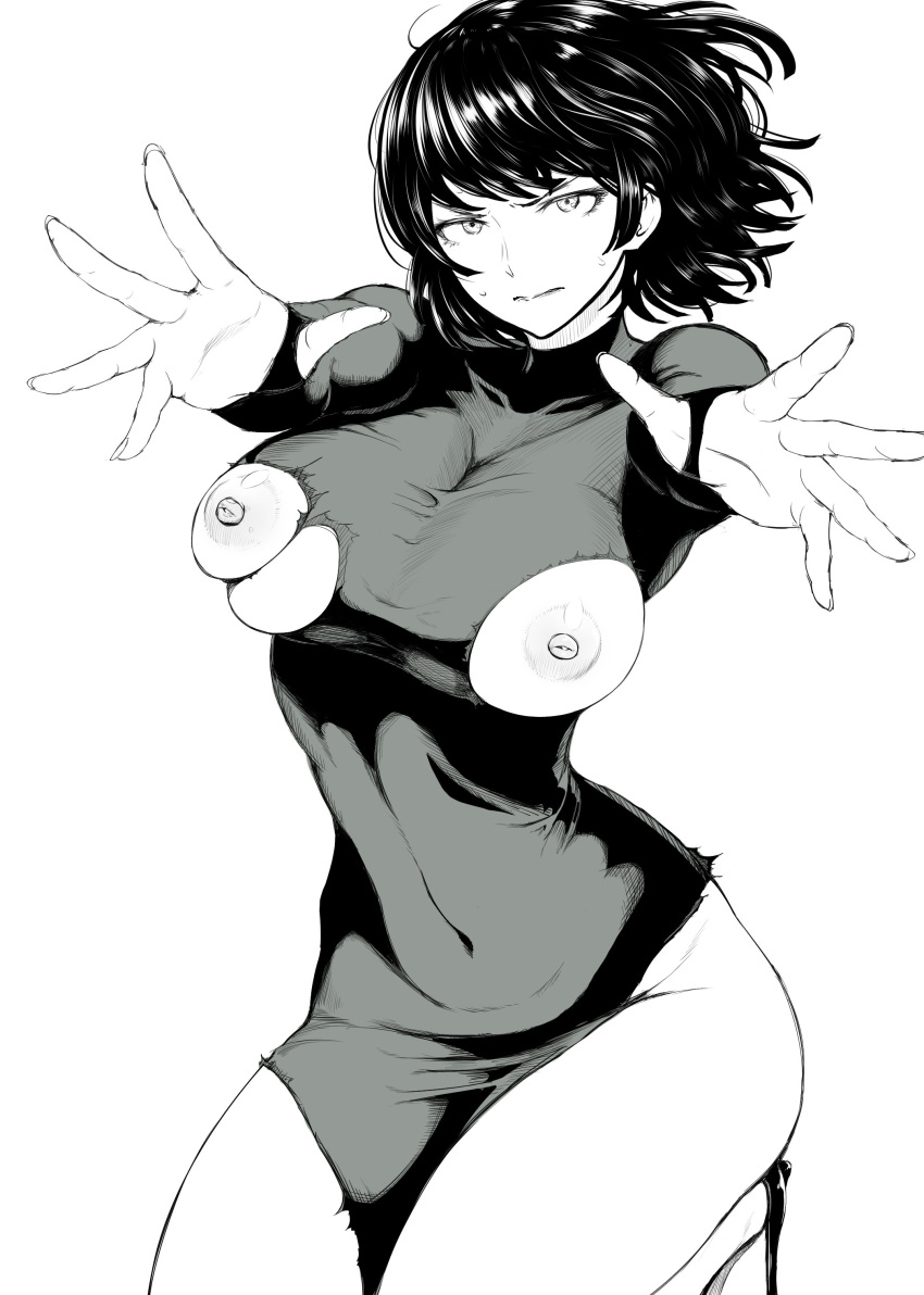 absurdres ao_madoushi breasts closed_mouth commentary_request dress female fubuki_(one-punch_man) greyscale high_heels highres kneeling large_breasts looking_at_viewer monochrome nipples one-punch_man outstretched_arms short_hair side_slit solo sweatdrop thighs torn_clothes torn_dress