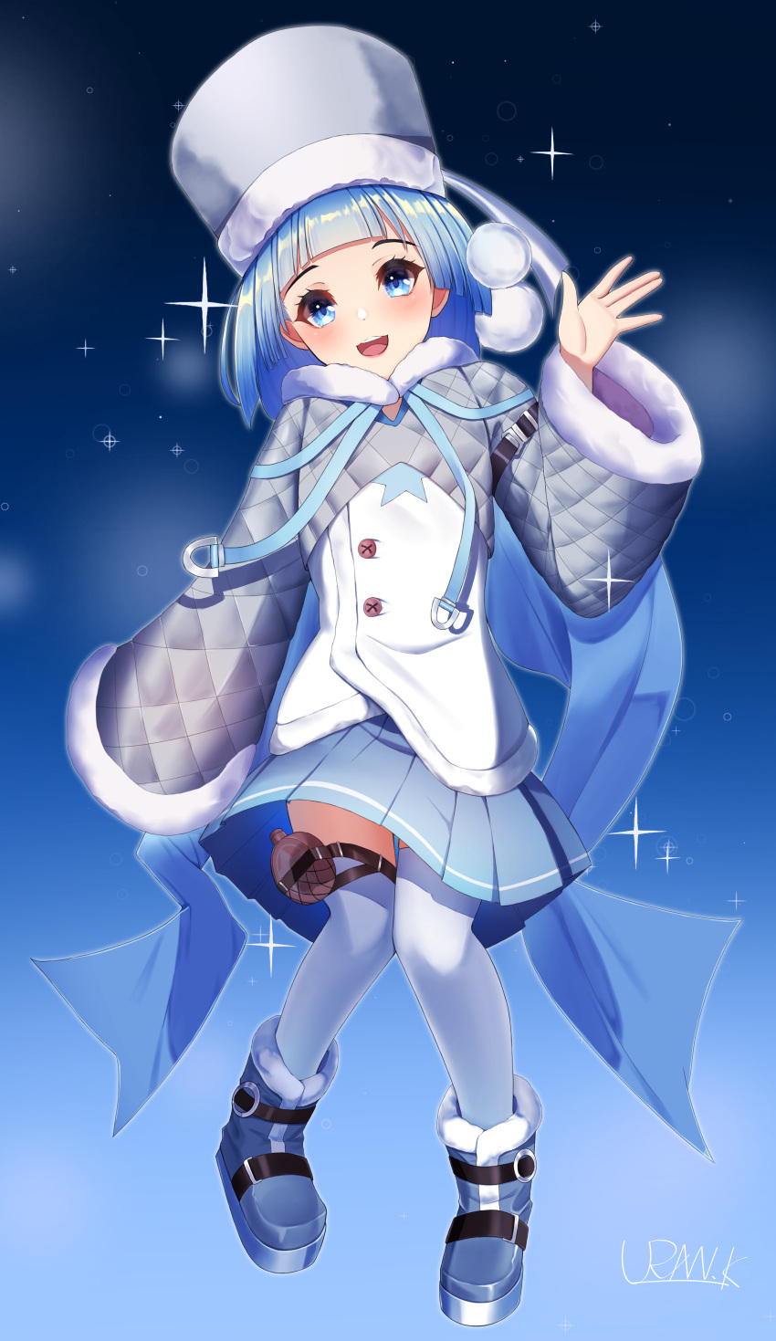 :d absurdres azur_lane blue_background blue_eyes blue_footwear blue_hair blue_ribbon blue_skirt blunt_bangs blush boots commentary female full_body fur-trimmed_sleeves fur_trim grey_hat grey_sleeves gromky_(azur_lane) hand_up hat highres jacket knee_boots konparu_uran long_sleeves looking_at_viewer open_mouth pleated_skirt pom_pom_(clothes) pouch ribbon short_hair shrug_(clothing) sidelocks signature skirt smile solo sparkle standing star_(symbol) star_print teeth thigh_pouch thighhighs upper_teeth_only white_jacket white_thighhighs zettai_ryouiki