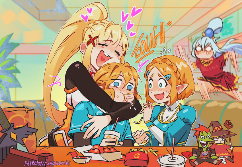 1boy 3girls :d aqua_(konosuba) artist_name blonde_hair blue_hair blush braid breasts burger character_doll character_request crossover darkness_(konosuba) earrings fast_food food french_fries ganondorf green_eyes hair_ornament heart highres hug hug_from_behind indoors jewelry kono_subarashii_sekai_ni_shukufuku_wo! large_breasts link long_hair master_sword mcdonald's megumin miniskirt multiple_girls parody patreon_username pointy_ears princess_zelda red_shirt red_skirt running saliva shirt skirt smile snegovski something_about terminalmontage_(style) the_legend_of_zelda the_legend_of_zelda:_breath_of_the_wild web_address x_hair_ornament yoru_mac