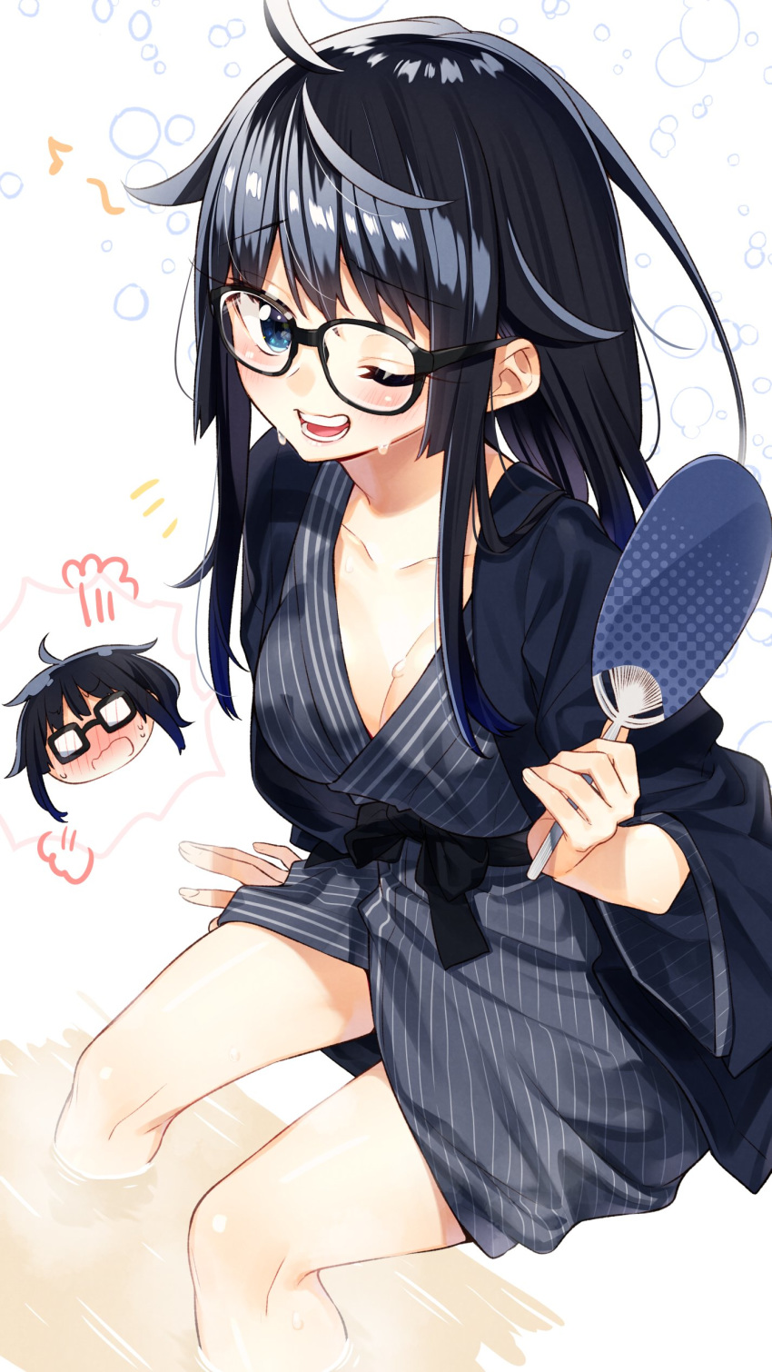 absurdres ahoge ashiyu bath_yukata black_hair blue_eyes breasts cleavage commentary_request female foot_bath hair_flaps hand_fan highres japanese_clothes kimono large_breasts long_hair looking_at_viewer one_eye_closed original paper_fan sakuragi_ren sash sweat thighs water white_background wide_sleeves yukata