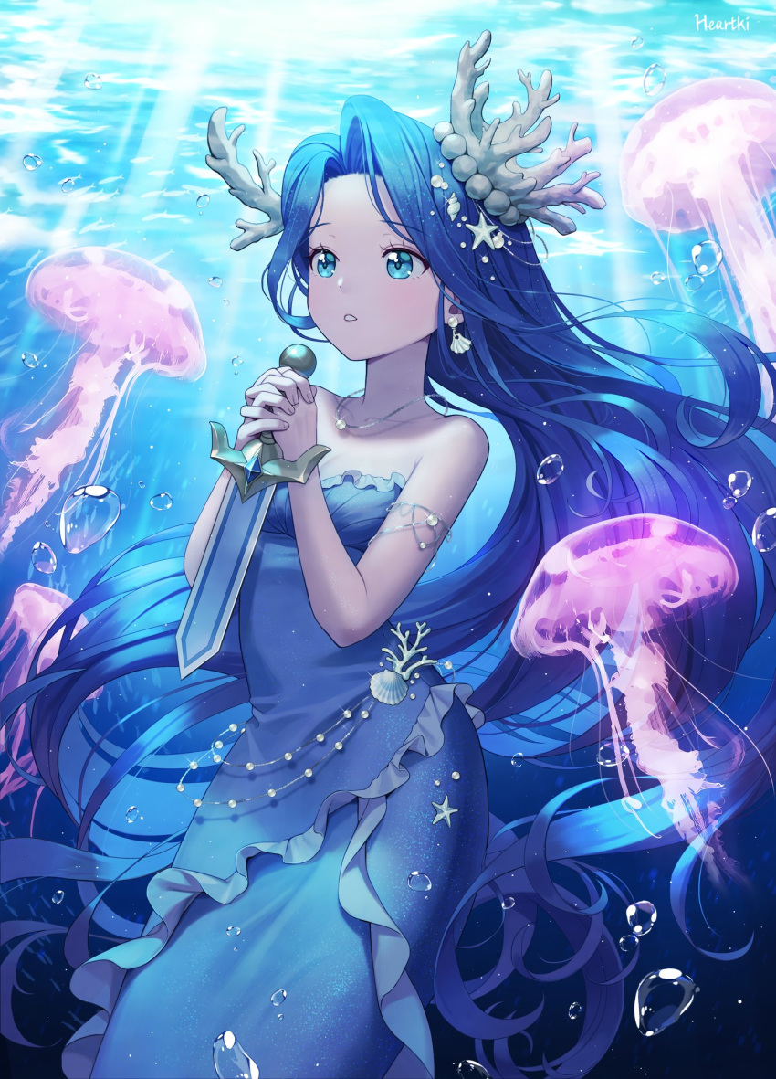 :o air_bubble armlet bare_arms blue_eyes blue_hair bubble chain_belt chestnut_mouth collarbone cookie_run coral_hair_ornament dress earrings female floating_hair frilled_dress frills gem heartki highres holding holding_sword holding_weapon humanization jellyfish jewelry korean_commentary layered_dress light_rays long_hair looking_ahead looking_up mermaid monster_girl necklace ocean open_mouth own_hands_clasped own_hands_together parted_bangs pearl_(gemstone) sea_fairy_cookie seashell shell shell_earrings shell_hair_ornament sleeveless sleeveless_dress solo starfish sword underwater very_long_hair weapon