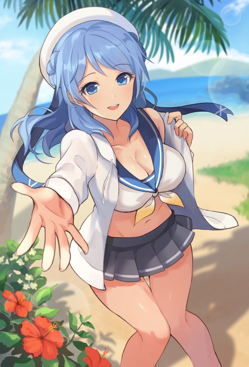 beach bikini bikini_top_only blue_eyes blue_hair blue_sailor_collar blush breasts cleavage cloud day double_bun female flower grey_skirt hair_bun hat hibiscus highres jacket kantai_collection large_breasts long_hair long_sleeves mountain ocean open_mouth outdoors palm_tree red_flower sailor_bikini sailor_collar sailor_hat sand senbei_(senbe_i) shadow skirt sky solo sunlight swimsuit tree urakaze_(kancolle) water white_hat white_jacket