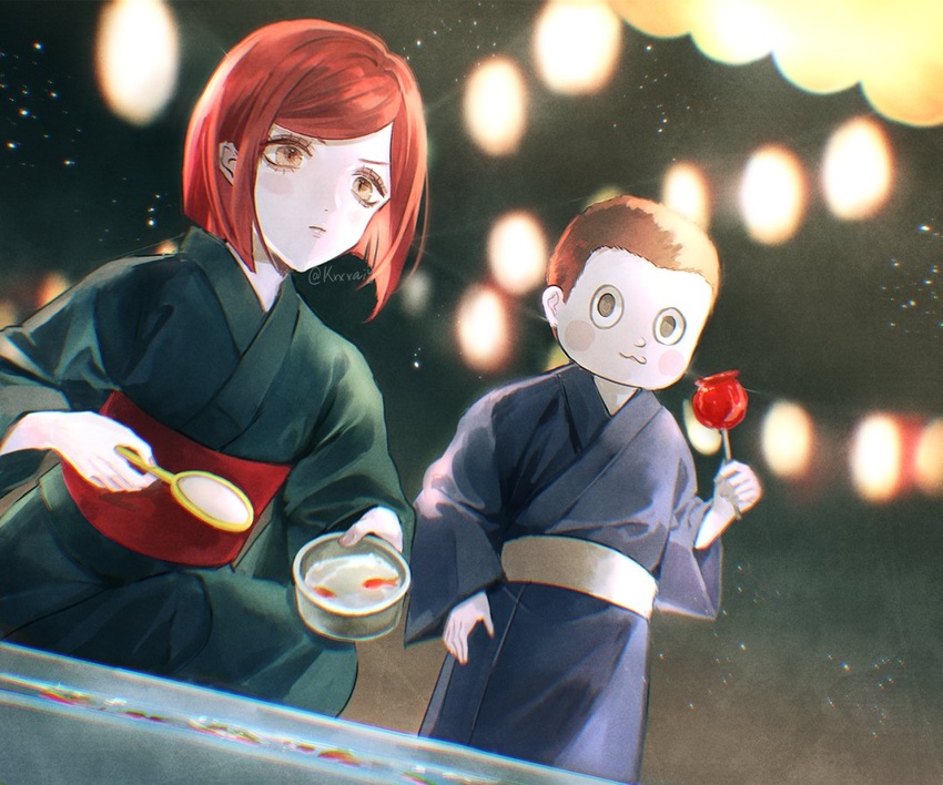 1boy alternate_costume artist_name blue_kimono blurry blurry_background blush blush_stickers bokeh brown_eyes candy_apple closed_mouth commentary_request danganronpa_(series) danganronpa_v3:_killing_harmony depth_of_field female fish food goldfish goldfish_scooping green_kimono holding holding_food hoshi_ryoma japanese_clothes kimono lamp looking_at_viewer night obi pale_skin poi_(goldfish_scoop) red_hair sakuyu sash short_hair squatting very_short_hair yukata yumeno_himiko