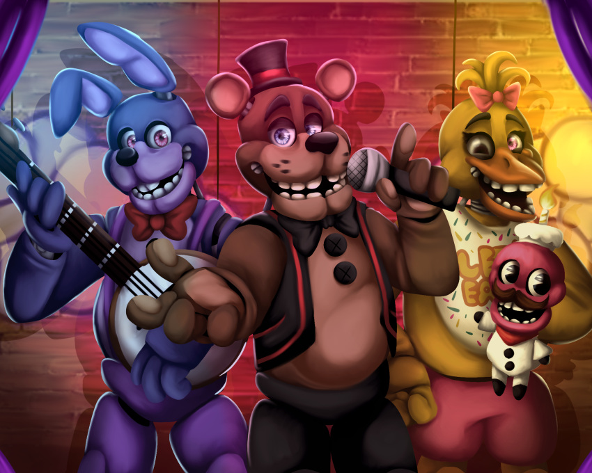 2021 5:4 accessory animate_inanimate animatronic anthro avian banjo_(instrument) beak bear bib bird black_eyes black_nose blonde_hair blue_eyes bonnie_(fnaf) bonnie_(fnafplus) bottomwear bow_(feature) bow_accessory bow_ribbon bow_tie brick brick_wall brown_ears buckteeth chef chef_hat chef_uniform chica_(fnaf) chica_(fnafplus) chicken clothed clothing cloud cupcake_(fnaf) cupcake_(fnafplus) curtains electronics english_text fazbear_fanverse female five_nights_at_freddy's five_nights_at_freddy's_plus freddy_(fnaf) freddy_(fnafplus) galliform gallus_(genus) group hair hair_accessory hair_ribbon hairbow half-closed_eyes hat headgear headwear hi_res lagomorph leporid long_ears looking_aside looking_away lordofthefeathers machine male mammal microphone multicolored_body multicolored_ears musical_instrument narrowed_eyes open_mouth orange_beak pants pawpads paws phasianid pink_eyes plucked_string_instrument pseudo_clothing purple_ears purple_eyes rabbit raised_arm reaching reaching_out reaching_towards_viewer ribbons robot round_ears scottgames short_hair shorts singer size_difference smile stage stage_curtains stage_lights standing string_instrument teeth text toony top_hat topwear two_tone_body two_tone_ears vest wall_(structure) yellow_body