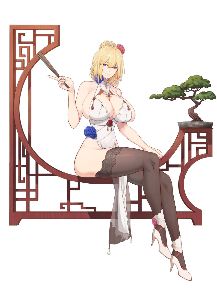 absurdres between_breasts blonde_hair blue_eyes blue_flower bonsai braid braided_ponytail breasts china_dress chinese_clothes chinese_commentary cleavage cleavage_cutout clothing_cutout commentary_request des_moines_(warship_girls_r) dress female flower hair_ornament high_heels highres huge_breasts lattice legs pelvic_curtain plant potted_plant revealing_clothes ribbon_between_breasts side_slit sideboob strap_between_breasts thick_thighs thighhighs thighs tree vase warship_girls_r white_dress xiao_shei..