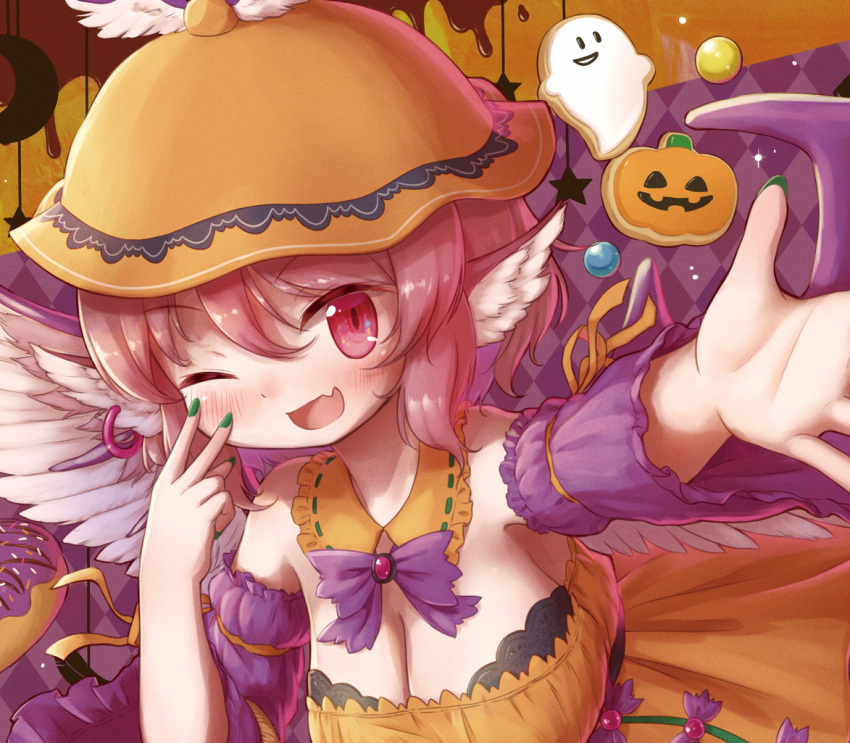 animal_ears argyle_background arinu bare_shoulders bird_ears bird_wings blush blush_stickers breasts candy cleavage cropped detached_collar detached_sleeves doughnut dress earrings feathered_wings female fingernails food frilled_dress frills green_nails hair_between_eyes halloween hat jack-o'-lantern jewelry large_breasts mochi_(touhou) mystia_lorelei nail_polish oerba_yun_fang one_eye_closed open_mouth orange_dress orange_hat pink_eyes pink_hair purple_sleeves short_hair single_earring skin_fang sleeve_garter smile solo touhou white_wings wide_sleeves winged_hat wings