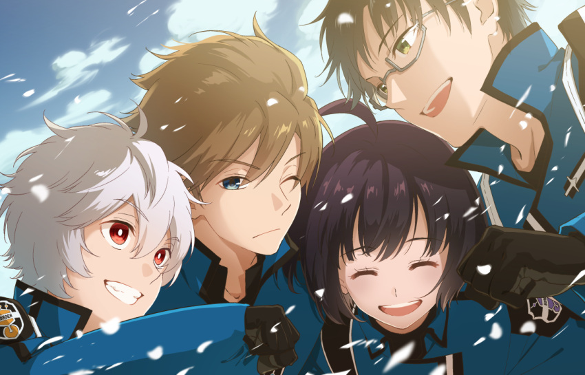 3boys ^_^ ahoge amatori_chika black_gloves black_hair blue_eyes blue_jacket brown_hair closed_eyes collared_jacket female glasses gloves green_eyes grin hand_up hetalia38 hyuse jacket kuga_yuuma mikumo_osamu mikumo_squad's_uniform multiple_boys one_eye_closed open_mouth outdoors red_eyes short_hair sky sleeves_past_wrists smile spoilers teeth upper_body upper_teeth_only white_hair world_trigger