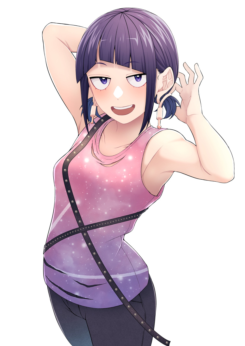 absurdres alternate_costume alternate_hairstyle arm_behind_head asymmetrical_bangs audio_jack blunt_bangs boku_no_hero_academia cowboy_shot female grey_pants highres jirou_kyouka kobaji long_earlobes pants pink_shirt purple_eyes purple_hair purple_shirt sanpaku shirt sidelocks simple_background sky_print sleeveless smile solo standing studded teeth torn_clothes torn_shirt tsurime upper_teeth_only white_background