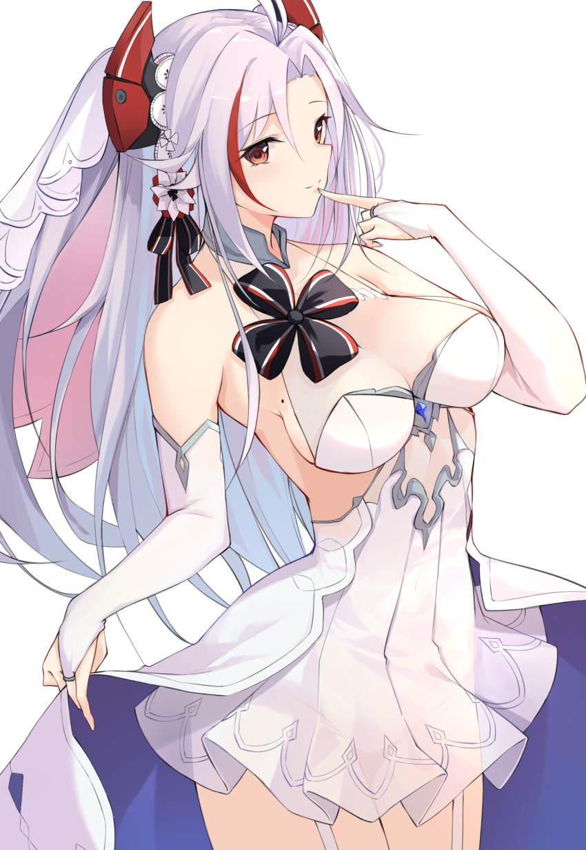 absurdres azur_lane black_ribbon breasts bridal_gauntlets cleavage closed_mouth commentary female finger_to_mouth hair_ribbon headgear highres korean_commentary light_purple_hair long_hair looking_at_viewer medium_breasts mole mole_on_breast multicolored_hair official_alternate_costume prinz_eugen_(azur_lane) prinz_eugen_(symphonic_fate)_(azur_lane) red_eyes red_hair ribbon simple_background skirt smile solo streaked_hair white_background white_skirt ziro_(zirorong)