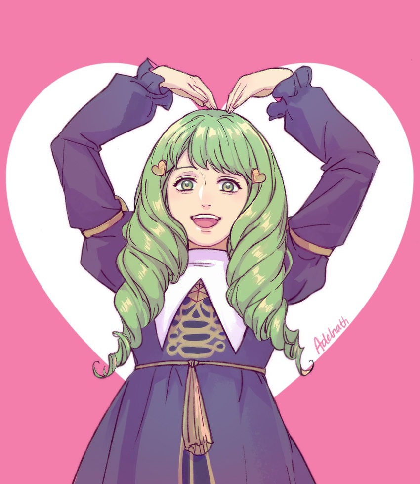 adelnath artist_name black_dress commentary_request dress drill_hair eyebrows_hidden_by_hair female fire_emblem fire_emblem:_three_houses flayn_(fire_emblem) green_eyes green_hair hair_ornament heart heart_arms heart_hair_ornament highres open_mouth signature smile solo twin_drills