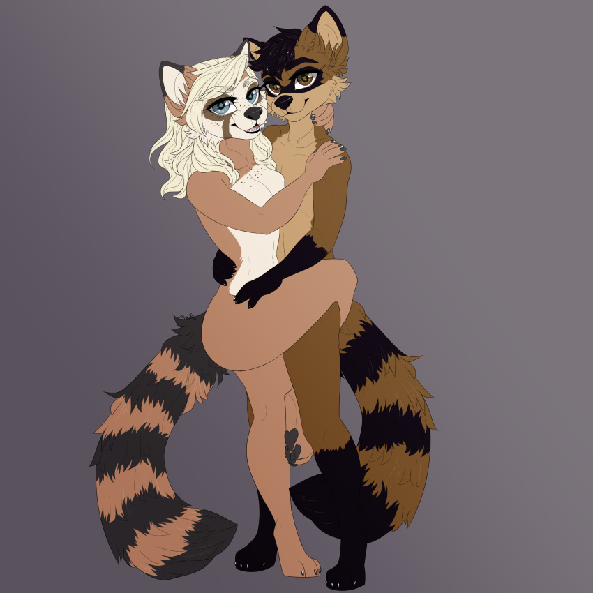 1:1 2020 absurd_res anthro blvejay breasts detailed duo female hair happy hi_res hug long_hair long_tail looking_at_viewer male male/female mammal nude possessive procyonid raccoon simple_background smile standing suggestive tail