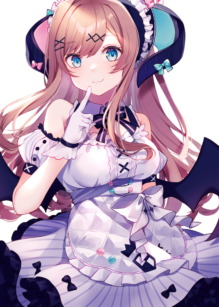 :3 absurdres apron bare_shoulders bat_wings blue_eyes brown_hair center_frills closed_mouth demon_horns dress female frilled_dress frills gloves hair_ornament highres horns long_hair nijisanji sidelocks solo suzuhara_lulu virtual_youtuber white_apron white_gloves wings x_hair_ornament yua_(bokubo0806)