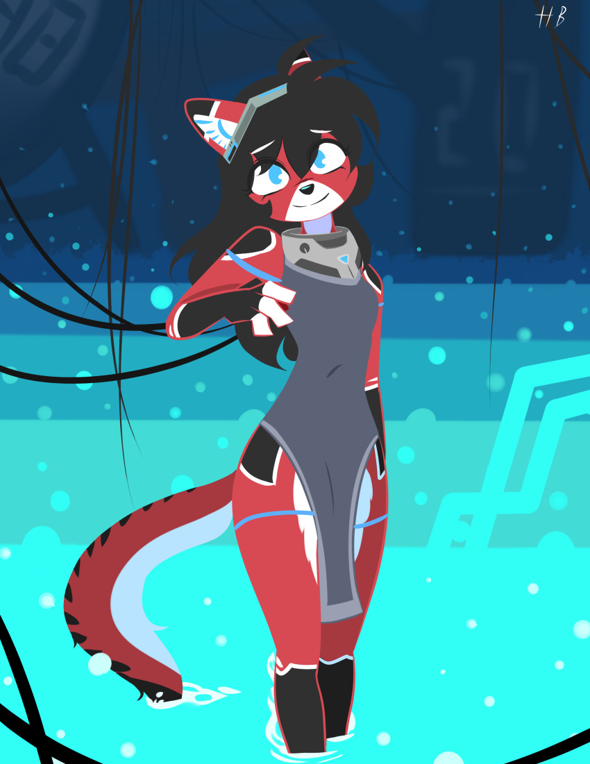 2021 absurd_res android anthro ara_(fluff-kevlar) arm_by_side bent_arm black_nose blue_eyes clothed clothing digital_media_(artwork) domestic_cat feet_in_water felid feline felis female hi_res hydrabb legs_together lineless liquid looking_at_viewer machine mammal partially_submerged pelvic_curtain red_body robot signature smile solo standing standing_in_water straight_arm straight_legs white_body