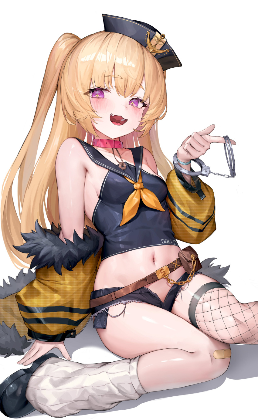 absurdres azur_lane bache_(azur_lane) bandaid bandaid_on_knee bandaid_on_leg bare_shoulders black_sailor_collar blonde_hair breasts collar crop_top cuffs cutoffs denim denim_shorts female fishnet_thighhighs fishnets fur-trimmed_jacket fur_trim handcuffs hat highres jacket long_hair loose_socks micro_shorts midriff navel neckerchief open_clothes open_shorts pink_collar purple_eyes sailor_collar sailor_hat school_uniform serafuku shiny_skin shorts single_thighhigh sitting sleeveless small_breasts smile socks solo thighhighs twintails white_background yellow_jacket yellow_neckerchief yjs0803123