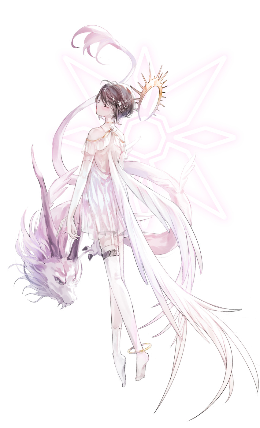 absurdres angel_wings bare_shoulders closed_eyes closed_mouth digimon digimon_(creature) digimon_adventure_tri. dragon elbow_gloves feet female floating full_body gloves hair_ornament halo highres holydramon jewelry layla_836829767 legs_apart no_shoes simple_background single_sock single_thighhigh skirt socks thigh_strap thighhighs white_background white_gloves white_skirt wings yagami_hikari