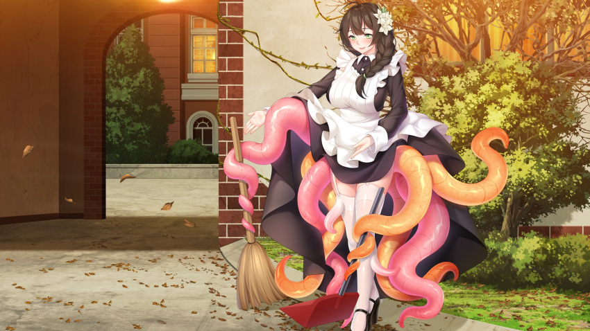 ahoge apron autumn_leaves black_dress black_hair braid breasts broom bush closed_mouth commentary dress english_commentary existence female flower full_body game_cg grass green_eyes hair_flower hair_ornament highres holding holding_broom holding_shovel large_breasts long_hair long_sleeves looking_at_viewer maid maid_apron monster_girl outdoors shovel single_braid slit_pupils smile solo standing tentacle thighhighs tree uosaasou white_apron white_flower yuka_(existence)