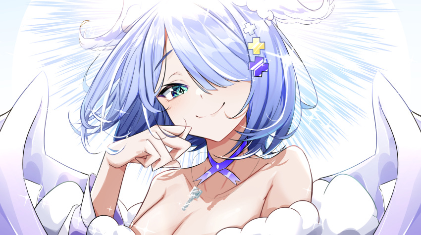 absurdres aqua_eyes bare_shoulders blue_hair breasts cleavage collarbone elira_pendora elira_pendora_(2nd_costume) female hair_ornament hair_over_one_eye hairclip head_wings highres jewelry key key_necklace large_breasts looking_at_viewer necklace nijisanji nijisanji_en ruru_(ruru_nnnn) short_hair smile solo upper_body virtual_youtuber wings