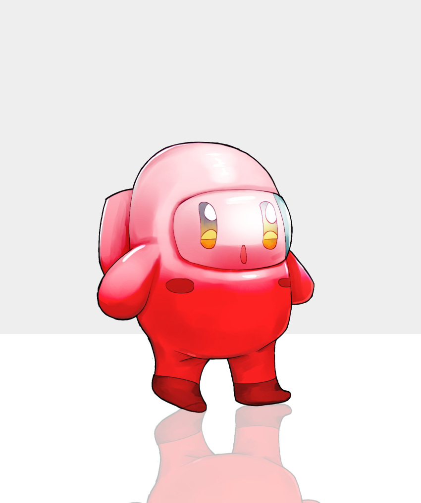 1boy :o among_us black_eyes copy_ability cosplay crewmate_(among_us) crewmate_(among_us)_(cosplay) crossover english_commentary highres kirby kirby_(series) looking_ahead male_focus no_humans open_mouth solo standing visor yoracrab