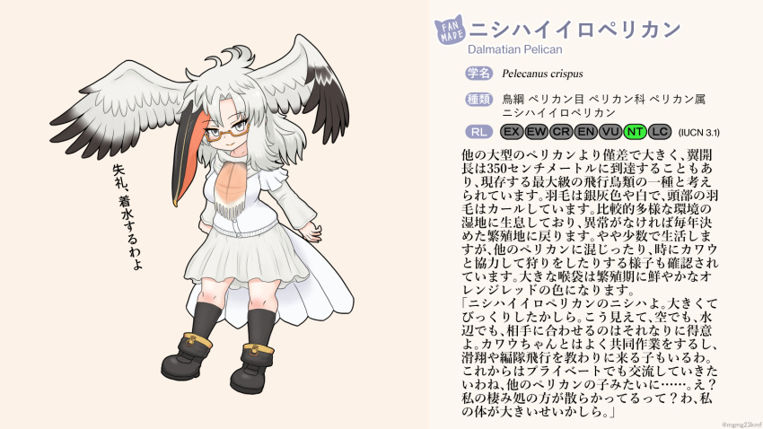 16:9 animal_humanoid avian avian_humanoid beak big_breasts bird bird_humanoid boots bottomwear breasts cardigan clothed clothing english_text eyewear fan_character feathers female footwear glasses grey_eyes hair head_wings hi_res humanoid japanese_text kemono_friends knee_highs legwear long_hair long_sleeves mo23 pelecaniform pelecaniform_humanoid pelican_humanoid scarf scientific_name skirt socks solo text translation_request white_body white_feathers white_hair white_wings widescreen wings