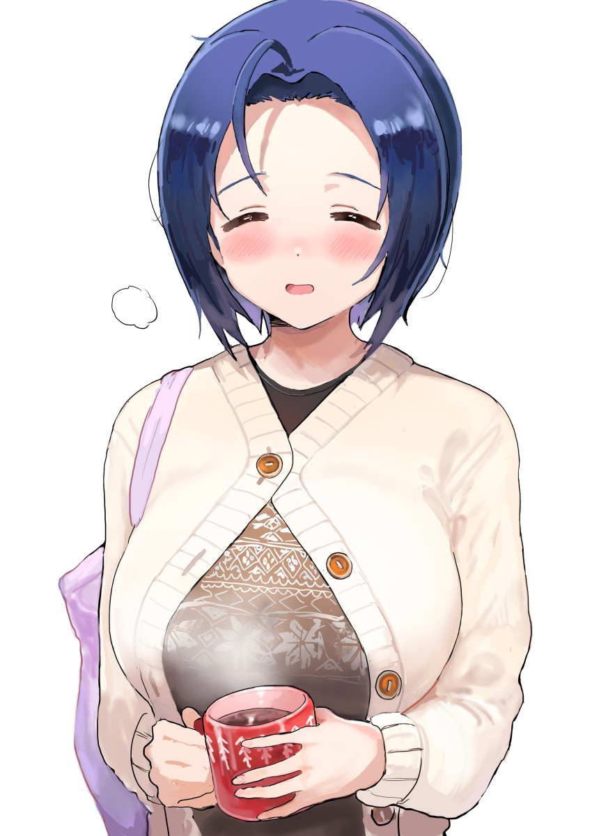 :d =_= absurdres ahoge bag blue_hair blush breasts coffee_mug commentary cup dark_blue_hair female forehead highres hitodama_(madatohi) holding holding_cup idolmaster idolmaster_(classic) idolmaster_million_live! jacket large_breasts miura_azusa mug partially_unbuttoned print_shirt shirt short_hair simple_background smile solo steam sweater_jacket symbol-only_commentary tote_bag upper_body white_background