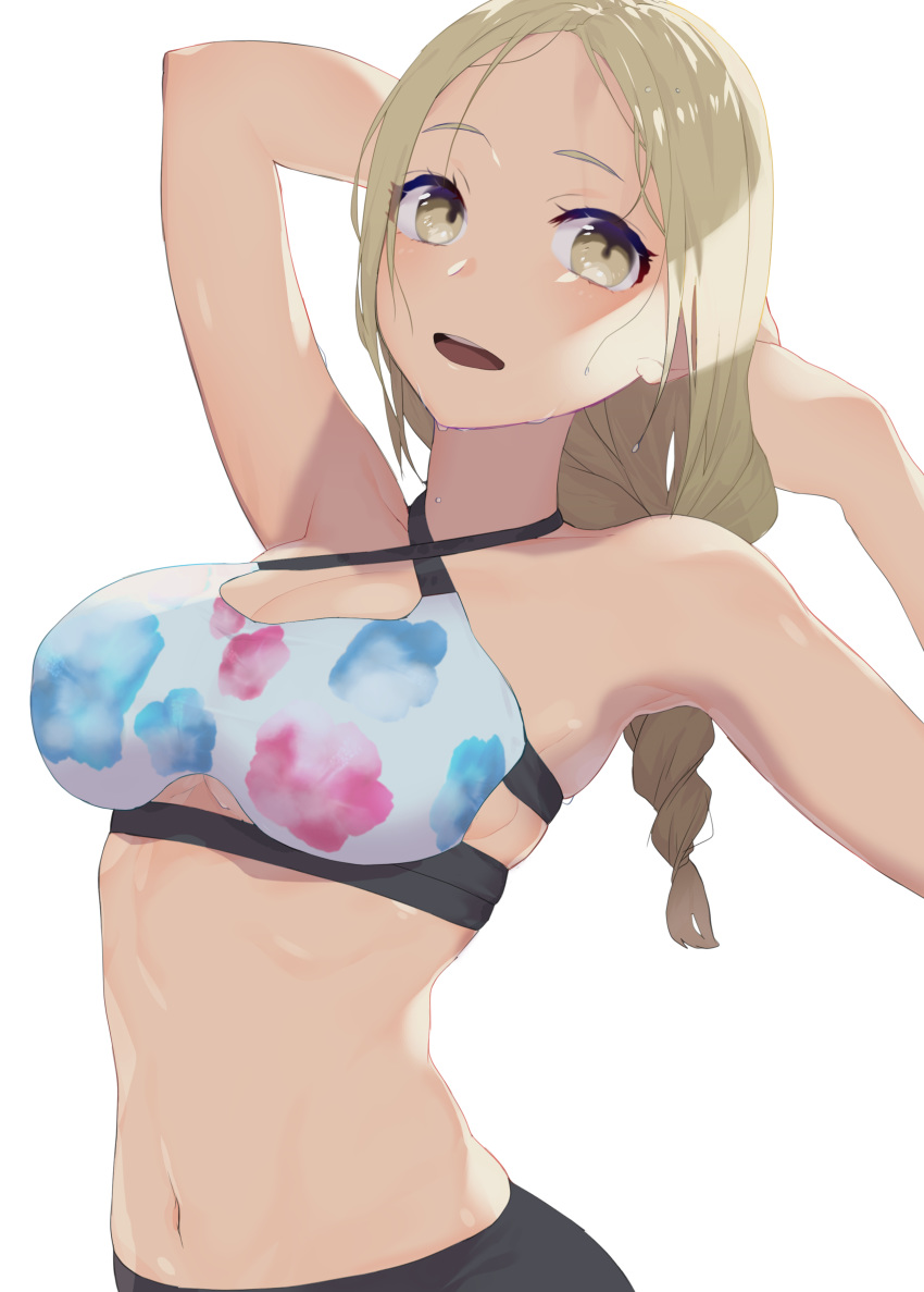 absurdres bikini blonde_hair braid breasts cleavage clothing_cutout commentary_request criss-cross_halter female floral_print halterneck highres kana_(peropepero) large_breasts long_hair looking_at_viewer navel open_mouth school_girl_strikers simple_background single_braid solo swimsuit underboob_cutout upper_body wet white_background yamabuki_kaede_(school_girl_strikers) yellow_eyes