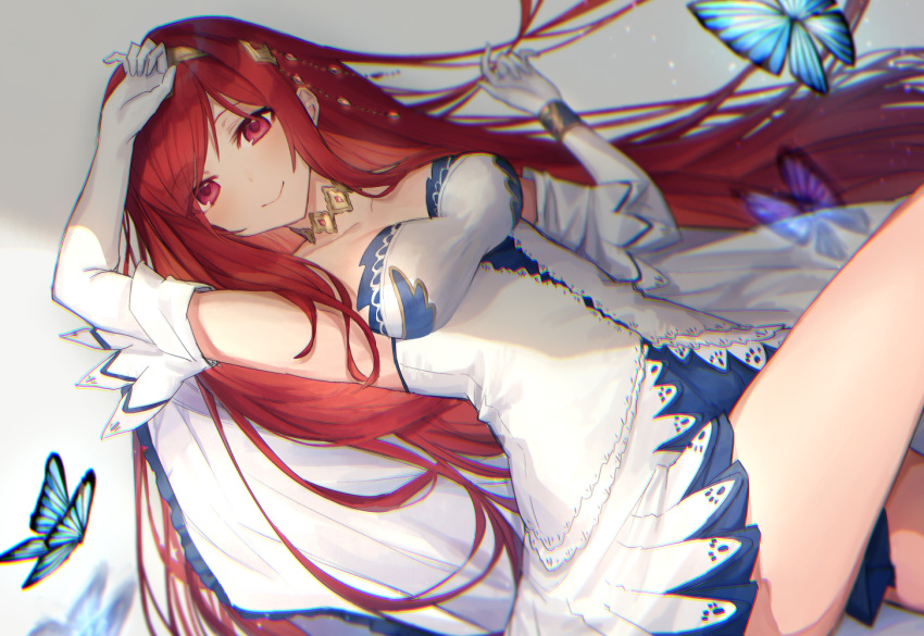 animal arm_up arriet_(shingeki_no_bahamut) blue_butterfly blurry blurry_foreground breasts bug butterfly closed_mouth collarbone commentary_request coyucom depth_of_field dress elbow_gloves female gloves granblue_fantasy hair_ornament hand_up knee_up long_hair lying medium_breasts on_back purple_eyes red_hair smile solo strapless strapless_dress very_long_hair white_dress white_gloves