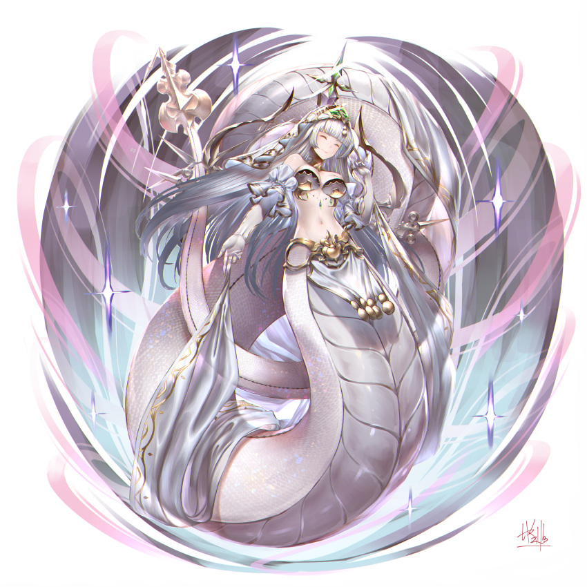 absurdres breasts cleavage closed_eyes commentary_request echidna_(granblue_fantasy) elbow_gloves female gloves granblue_fantasy highres kawarage lamia large_breasts long_hair monster_girl navel pelvic_curtain scales signature smile solo veil white_hair