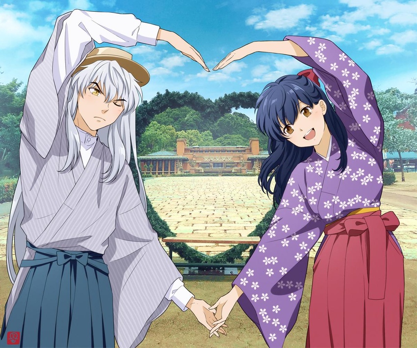 1boy artist_logo black_hair blush bow breasts brown_headwear building cloud cloudy_sky commentary couple cowboy_shot day embarrassed female floral_print hair_between_eyes hairbow hakama hakama_skirt hat heart_arms heart_arms_duo higurashi_kagome holding_hands interlocked_fingers inuyasha inuyasha_(character) japanese_clothes kimono long_hair long_sleeves looking_at_another medium_breasts motobi_(mtb_umk) one_eye_closed open_mouth orange_eyes outdoors pavement photo_background pose shirt skirt sky slit_pupils smile straight striped_clothes striped_kimono symbol-only_commentary tree white_hair wide_sleeves