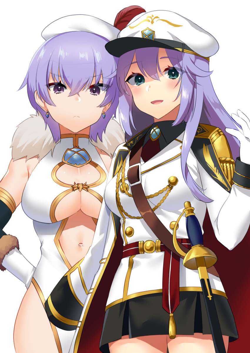 2girls akagi_kurage beret black_skirt blue_eyes breasts cape cleavage commentary_request earrings elbow_gloves epaulettes gloves hat highres jewelry large_breasts leona_(sennen_sensou_aigis) leora_(sennen_sensou_aigis) long_hair looking_at_viewer military military_uniform multiple_girls navel open_mouth purple_eyes purple_hair sennen_sensou_aigis sheath sheathed short_hair simple_background skirt standing sword uniform weapon white_background white_cape white_gloves white_legwear