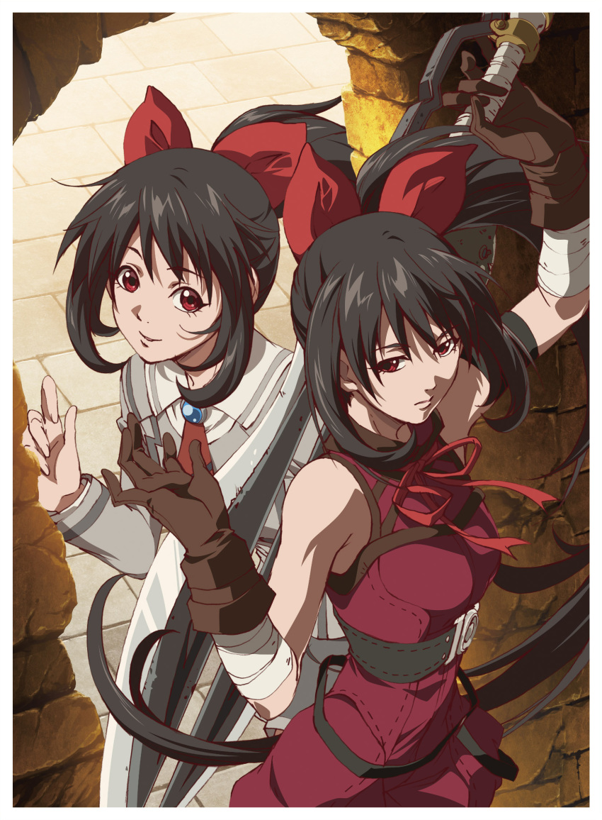 2girls akanesasu_shoujo bad_link bandaged_arm bandages belt black_hair bow brown_gloves dual_persona floating_hair gloves grey_shirt hair_between_eyes hairbow highres holding holding_sword holding_weapon long_hair long_sleeves multiple_girls neck_ribbon necktie parted_lips photoshop_(medium) ponytail red_bow red_eyes red_necktie red_ribbon ribbon shirt sleeveless smile standing sword tsuchimiya_asuka very_long_hair weapon