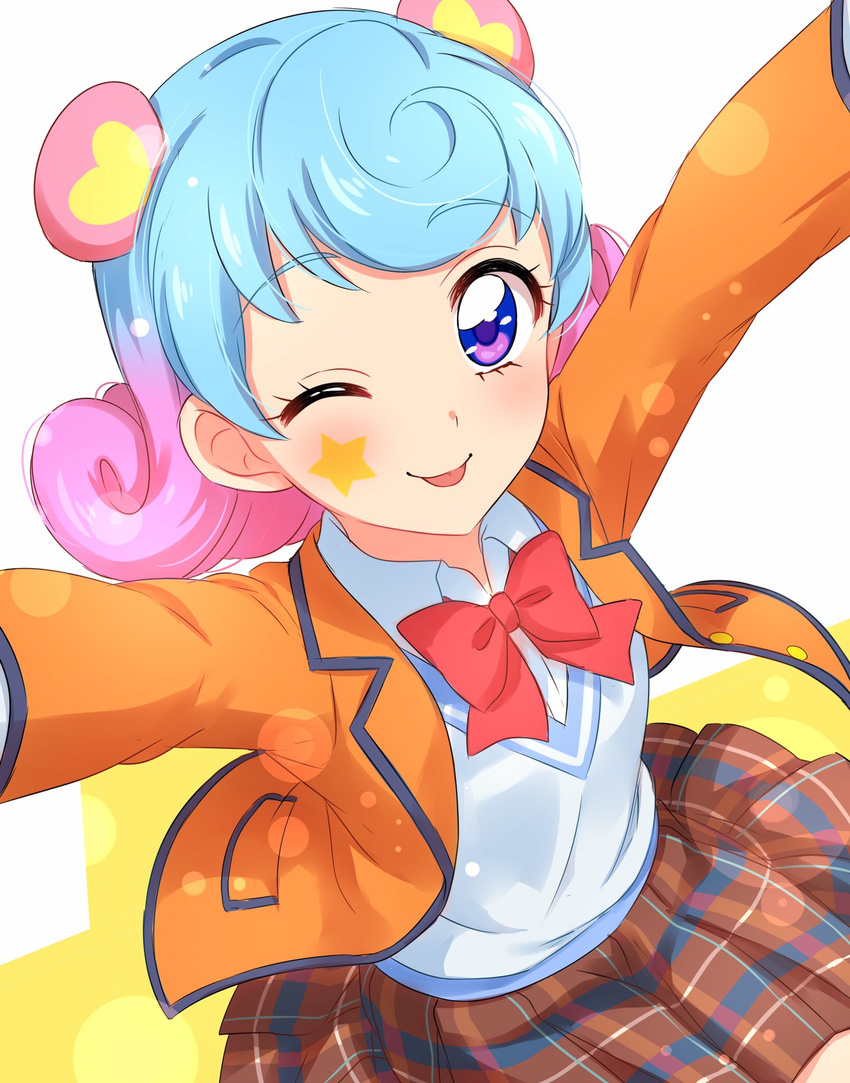 :p aikatsu! aikatsu!_(series) blue_hair blush brown_skirt closed_mouth collared_shirt commentary_request doujima_nina facial_mark female gradient_hair hair_ornament hands_up highres jacket long_sleeves looking_at_viewer multicolored_hair neck_ribbon one_eye_closed orange_jacket pink_hair pleated_skirt purple_eyes red_ribbon ribbon sekina shirt simple_background skirt smile solo star_(symbol) tongue tongue_out vest white_background white_shirt