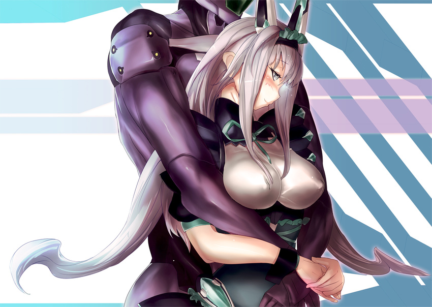 1boy armor blush breasts commentary_request covered_nipples dodonpachi dodonpachi_saidaioujou ere_(2516325) faceless faceless_male female grey_eyes hairband hug hug_from_behind large_breasts long_hair maria_(saidaioujou) own_hands_together pilot_(dodonpachi) silver_hair smile