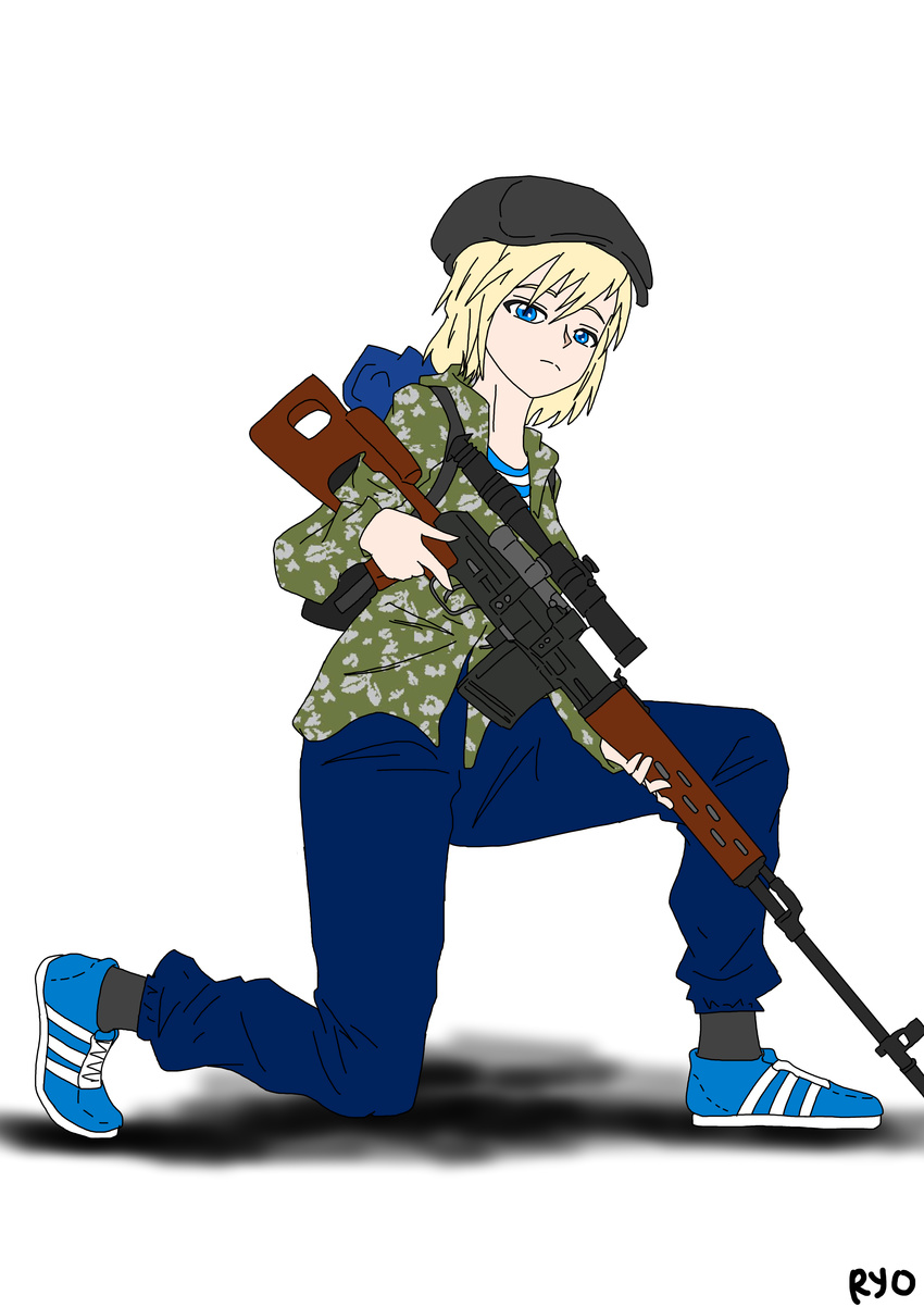 absurdres adidas artist_request backpack blonde_hair blue_eyes calm camouflage dragunov_svd female full_body gun hat highres military_uniform original rifle simple_background sneakers sniper_rifle sniper_scope socks solo striped svd telnyashka track_pants white_background