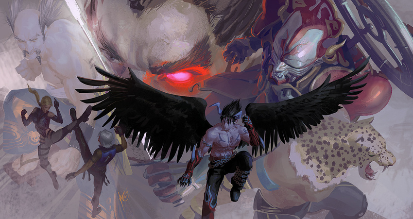 4boys animal_head bad_cghub_id bad_id bald_spot black_wings collage demon_horns devil_jin facial_hair feathered_wings female fighting_stance geta glowing glowing_eye horns kazama_jin kicking king_(tekken) kinman_chan lee_chaolan mishima_heihachi mishima_kazuya moustache multiple_boys muscular nina_williams tekken tekken_tag_tournament_2 thick_eyebrows topless_male wings yoshimitsu_(namco)