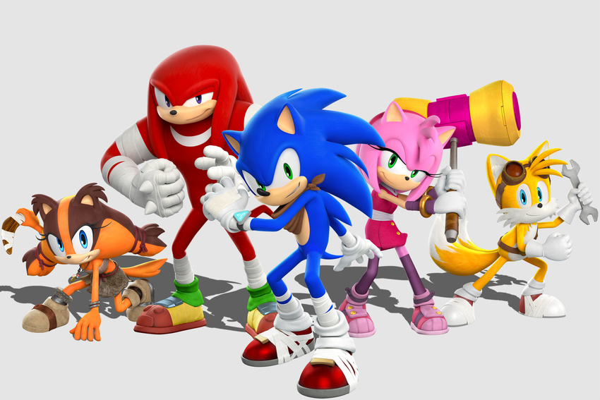 2girls amy_rose boomerang gloves goggles hammer highres knuckles_the_echidna mallet miles_tails_prower multiple_girls official_art scarf simple_background sonic sonic_boom_(game) sonic_the_hedgehog sticks_the_badger tail tails tails wrench wrist_wraps