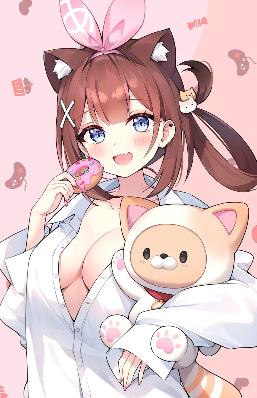 animal_ear_fluff animal_ears ayamy ayamy_(vtuber) blue_eyes breasts brown_hair cat_ears cat_hair_ornament cleavage collared_shirt doughnut female food hair_ornament hair_rings highres holding holding_food indie_virtual_youtuber long_hair long_sleeves looking_at_viewer medium_breasts oerba_yun_fang open_mouth partially_unbuttoned red_panda shirt skin_fang sleeves_past_wrists smile solo twitter_suki upper_body virtual_youtuber white_shirt x_hair_ornament