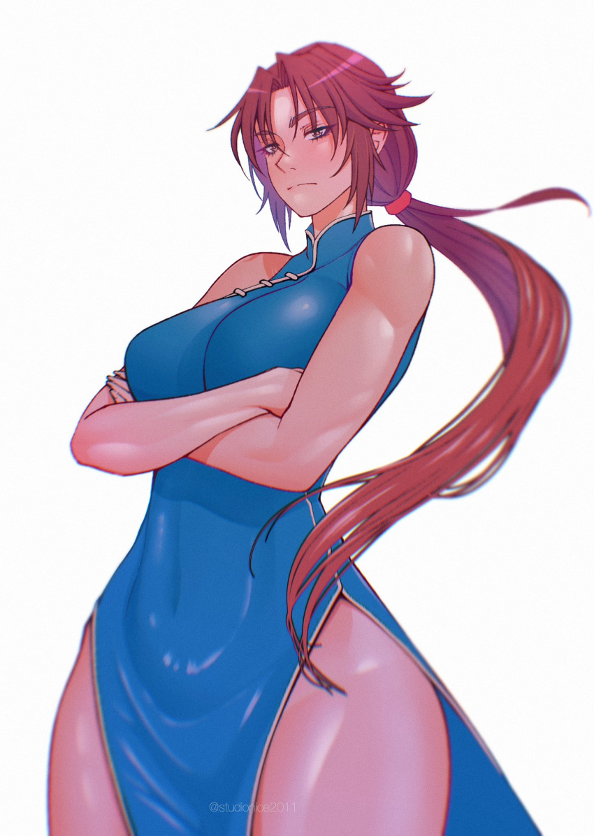 arms_under_breasts bare_shoulders blue_dress blurry breasts brown_eyes brown_hair china_dress chinese_clothes collared_dress commission covered_navel crossed_arms depth_of_field dress female hair_between_eyes hairband highres hong_xiu_ying large_breasts long_hair looking_at_viewer low_ponytail parted_bangs red_hairband serious shenmue shenmue_ii side_slit sidelocks skin_tight solo studionice2011 thighs toned twitter_username very_long_hair white_background white_trim