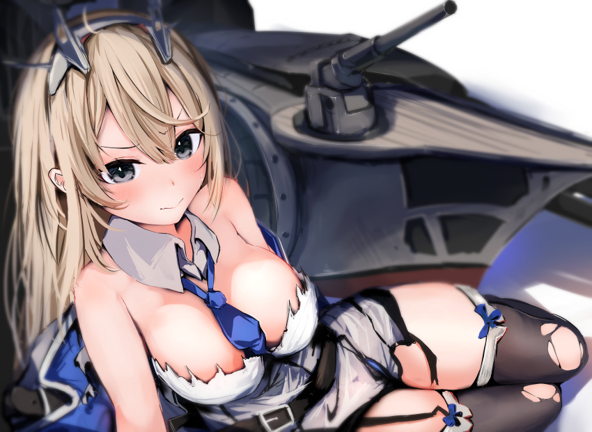 absurdres anti-aircraft_gun between_breasts black_thighhighs blue_eyes blue_necktie breasts capelet detached_collar dress female grey_dress hair_down headgear highres kantai_collection large_breasts light_brown_hair long_hair low_twintails maryland_(kancolle) mok4suke necktie necktie_between_breasts rigging solo strapless strapless_dress thighhighs torn_capelet torn_clothes torn_dress torn_thighhighs twintails