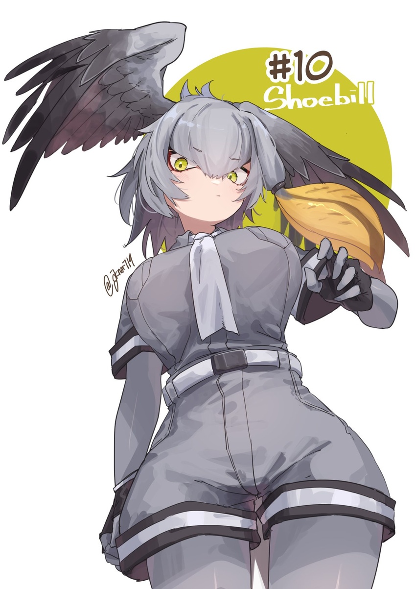 arm_at_side asymmetrical_hair belt bird_wings black_gloves bodystocking breast_pocket breasts brown_hair character_name closed_mouth collared_shirt cowboy_shot feathered_wings female fingerless_gloves from_below gloves green_eyes grey_hair grey_shirt grey_shorts hair_between_eyes hand_up head_wings highres jknor kemono_friends large_breasts long_hair looking_at_viewer multicolored_hair necktie numbered orange_hair pantyhose pocket shirt shirt_tucked_in shoebill_(kemono_friends) short_sleeves shorts side_ponytail solo taut_clothes taut_shirt white_necktie wing_collar wings