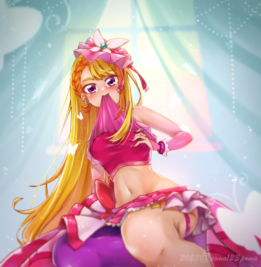 absurdres asymmetrical_bangs blonde_hair blurry blurry_foreground blush bow_skirt braid braided_bangs breasts bridal_gauntlets butterfly_hat_ornament clothes_in_mouth clothes_lift commentary cure_butterfly earrings elbow_gloves female gloves grabbing_own_breast hat hat_ornament highres hijiri_ageha hirogaru_sky!_precure jewelry lifting_own_clothes long_hair looking_at_viewer magical_girl midriff mob_cap mouth_hold navel orange_hair overskirt pantyhose pink_gloves pink_hat pink_shirt pink_skirt poma123poma precure purple_eyes purple_pantyhose shirt shirt_in_mouth shirt_lift single_leg_pantyhose sitting skirt sleeveless sleeveless_shirt solo thigh_strap twitter_username very_long_hair yokozuwari