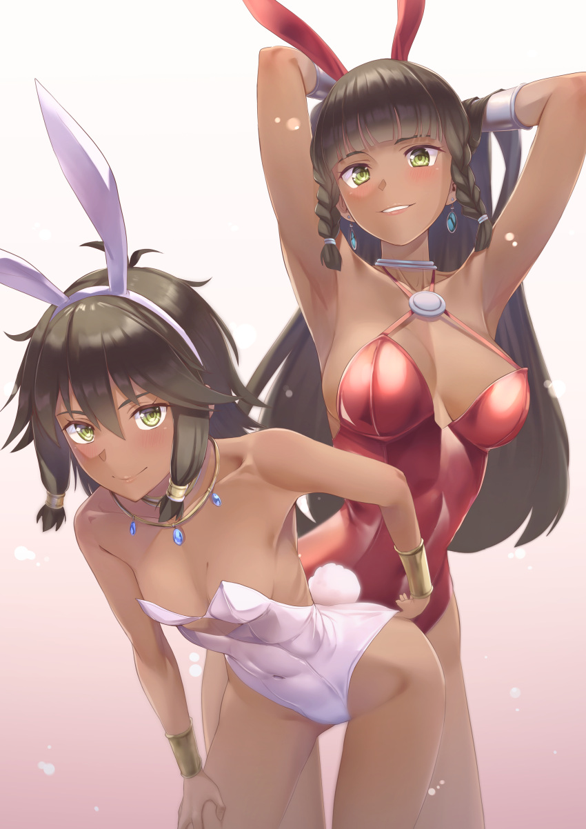 2girls absurdres adjusting_clothes adjusting_leotard animal_ears arms_up backless_leotard braid breasts brown_hair commentary_request cowboy_shot dark-skinned_female dark_skin dungeon_ni_deai_wo_motomeru_no_wa_machigatteiru_darou_ka highres leotard long_hair looking_at_viewer medium_breasts multiple_girls playboy_bunny rabbit_ears rabbit_tail red_leotard short_hair siblings side_braids sidelocks sisters small_breasts strapless strapless_leotard sword_oratoria tail takumi_nosiro tiona_hyryute tione_hyryute white_leotard wrist_cuffs