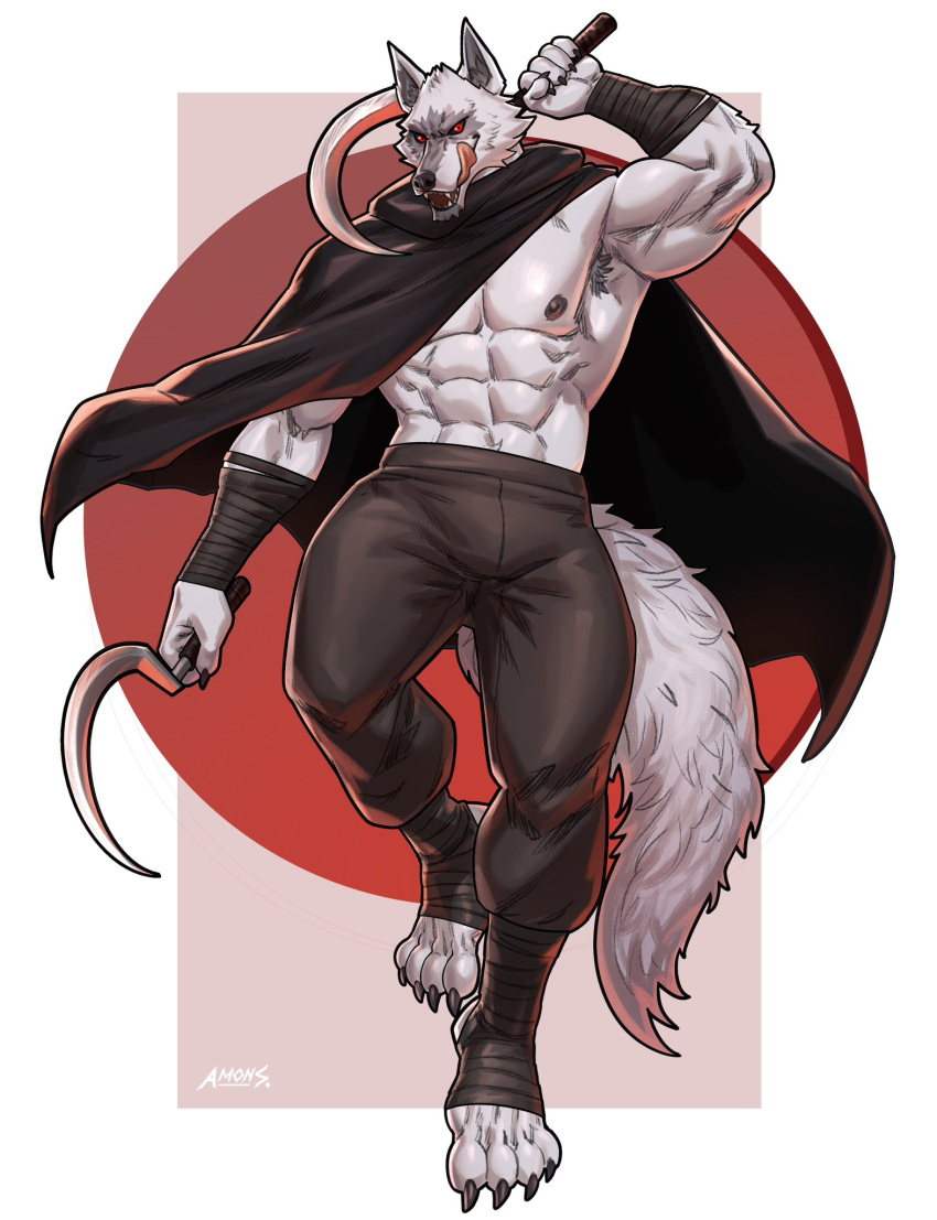 2023 4_toes 5_fingers abs alternate_version_at_source amon-sydonai ankle_wraps anthro areola arm_wraps armpit_hair black_bottomwear black_clothing black_pants black_sclera body_hair bottomwear canid canine canis cape clothing death_(puss_in_boots) dreamworks dual_holding feet fingers fur grey_body grey_fur hi_res holding_object holding_weapon male mammal melee_weapon muscular muscular_anthro muscular_male nipples pants puss_in_boots_(dreamworks) red_eyes solo tail toes weapon wolf wraps