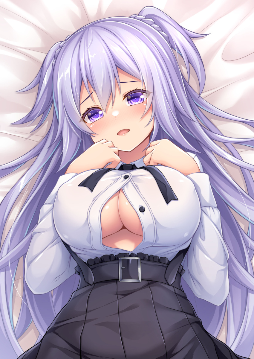 absurdres black_skirt blush breasts button_gap cleavage_cutout clothing_cutout commentary commission covered_nipples female gakusen_toshi_asterisk high-waist_skirt highres large_breasts long_hair long_sleeves looking_at_viewer on_bed open_mouth oppai_loli pixiv_commission purple_eyes purple_hair shirt skirt solo toudou_kirin underbust wakagi_repa white_shirt