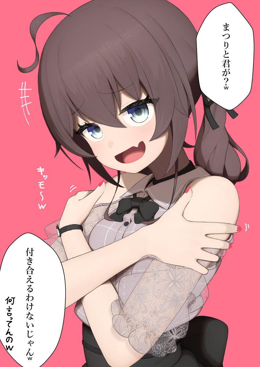 absurdres ahoge black_bow black_choker blue_eyes bow brown_hair choker clothing_cutout female highres hololive lunch_boxer medium_hair nail_polish natsuiro_matsuri natsuiro_matsuri_(casual) open_mouth puffy_sleeves virtual_youtuber