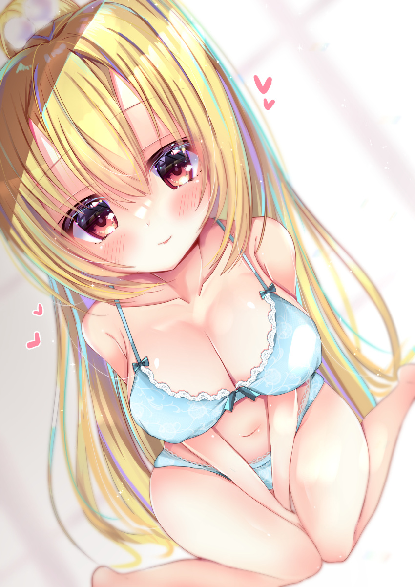 :p absurdres aqua_bra aqua_panties arihara_nanami armpit_crease barefoot blonde_hair blurry blush bow bra breasts cleavage closed_mouth collarbone commentary curvy depth_of_field eyelashes eyes_visible_through_hair feet_out_of_frame female foreshortening frilled_bow frilled_bra frilled_panties frills from_above hair_between_eyes heart highres large_breasts long_hair looking_at_viewer lovestruck navel nekota_min official_alternate_hairstyle own_hands_together panties pom_pom_(clothes) ponytail red_eyes riddle_joker shiny_skin simple_background sitting smile solo sparkle straight_hair thigh_gap thighs tongue tongue_out underwear v_arms very_long_hair wariza white_background