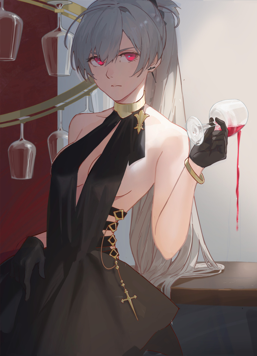 absurdres azur_lane bare_shoulders black_dress black_gloves bracelet breasts brown_hair chinese_commentary choker closed_mouth cup dear_faith dress drinking_glass ear_piercing english_commentary female gloves hair_between_eyes highres holding holding_cup jean_bart_(azur_lane) jean_bart_(uninhibited_bloodstone)_(azur_lane) jewelry long_hair looking_at_viewer mixed-language_commentary official_alternate_costume piercing ponytail purple_eyes sleeveless sleeveless_dress solo spilling upper_body wine_glass