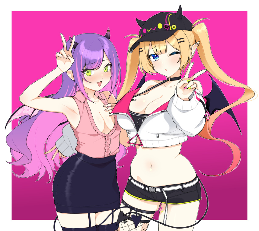 2girls absurdres armpits barbell_piercing bibi_(tokoyami_towa) black_horns black_tank_top blonde_hair blue_eyes blush breast_tattoo breasts choker cleavage colored_inner_hair cosplay costume_switch cropped_jacket demon_girl demon_horns demon_tail demon_wings ear_piercing fake_horns fishnet_thighhighs fishnets frilled_shirt frills green_eyes green_nails hair_ornament hairclip hand_on_own_chest hand_up hat highres hololive horn_ornament horned_headwear horns industrial_piercing jacket lab_coat lace-trimmed_skirt lace_trim large_breasts legwear_garter long_hair long_sleeves looking_at_viewer multicolored_hair multicolored_nails multiple_girls nail_polish navel navel_piercing o-ring o-ring_choker okunin one_eye_closed open_mouth piercing pink_hair pink_nails pink_shirt pointy_ears purple_hair shirt shorts simple_background single_legwear_garter skirt smile streaked_hair swept_bangs tail tail_ornament tail_piercing tank_top tattoo thighhighs tokoyami_towa tokoyami_towa_(1st_costume) tokoyami_towa_(cosplay) twintails v virtual_youtuber white_jacket winged_heart winged_heart_tattoo wings yuzuki_choco yuzuki_choco_(1st_costume) yuzuki_choco_(cosplay)