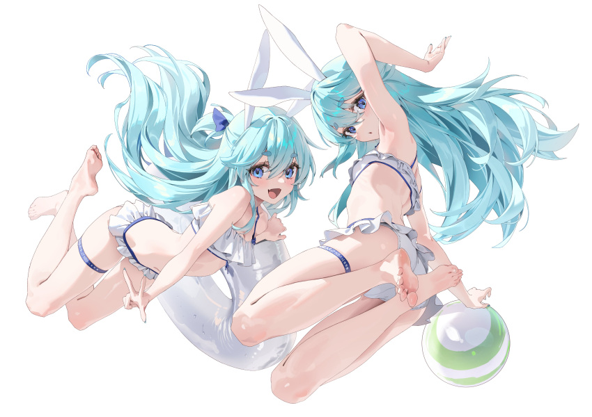 2girls absurdres animal_ears arm_up armpits ass ball bare_shoulders barefoot bikini bikini_skirt blue_eyes blue_hair blue_nails blue_ribbon breasts character_name double-parted_bangs feet fingernails floating_hair frilled_bikini frills hair_between_eyes hair_ribbon highres innertube light_blue_hair light_blush long_fingernails long_hair looking_at_viewer multiple_girls nail_polish near_(sound_voltex) noah_(sound_voltex) oerba_yun_fang open_mouth outstretched_arm parted_lips pepperdevil rabbit_ears ribbon short_eyebrows siblings simple_background sisters skin_fang small_breasts smile soles sound_voltex swim_ring swimsuit thick_eyebrows thigh_strap toes twins very_long_hair w white_background white_bikini