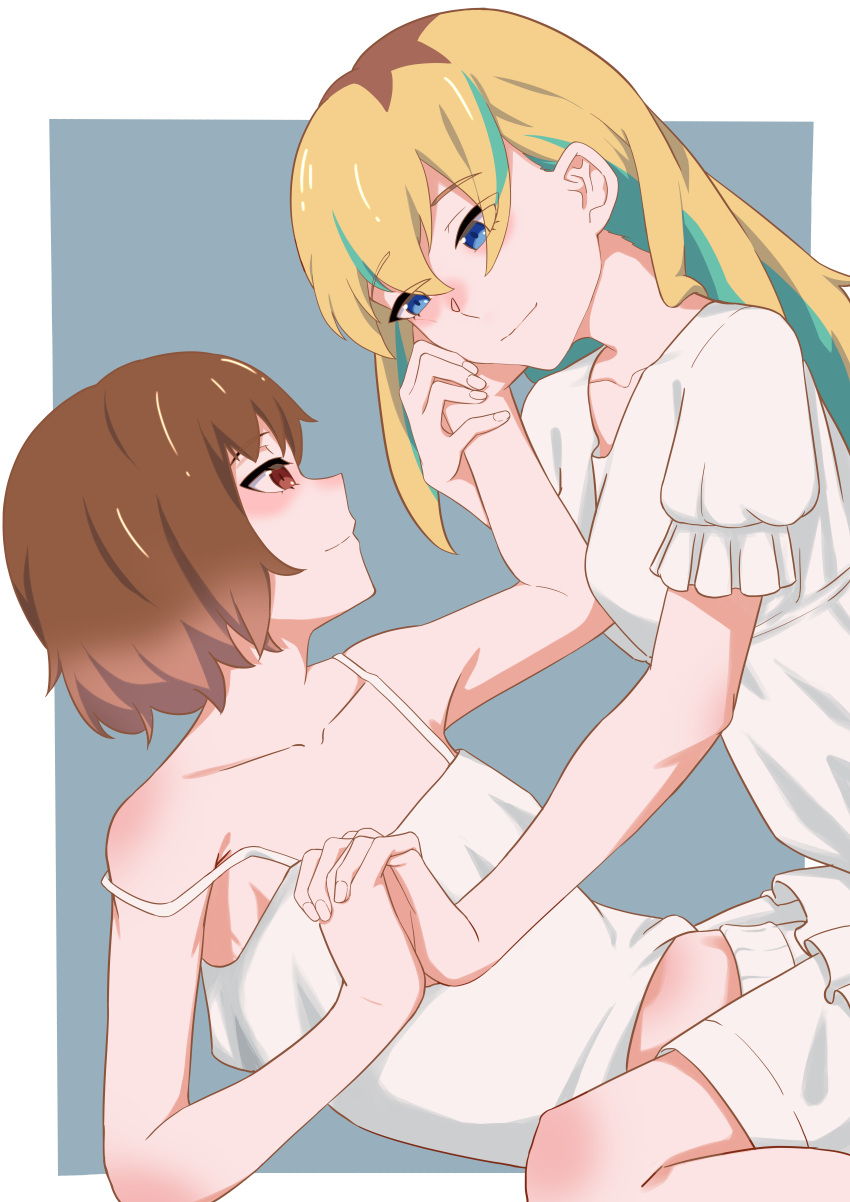 2girls absurdres blonde_hair blue_background blue_eyes border brown_eyes brown_hair camisole closed_mouth collarbone commentary couple green_hair hair_between_eyes hand_on_another's_cheek hand_on_another's_face highres holding_hands interlocked_fingers kouzuki_mahiru long_hair midriff multicolored_hair multiple_girls outside_border roots_(hair) short_hair short_sleeves shorts strap_slip white_border white_camisole white_shorts yamanouchi_kano yoru_no_kurage_wa_oyogenai yuri yuzutya