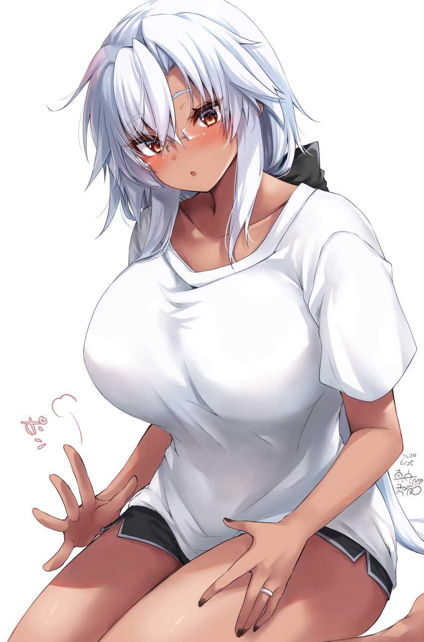 absurdres alternate_costume black_nails blush breasts brown_eyes dark-skinned_female dark_skin female glasses grey_hair hair_between_eyes highres jewelry kantai_collection large_breasts long_hair looking_at_viewer mashiro_yukiya musashi_(kancolle) ponytail rectangular_eyewear rimless_eyewear ring shirt shorts signature smile solo very_long_hair wedding_ring white_shirt